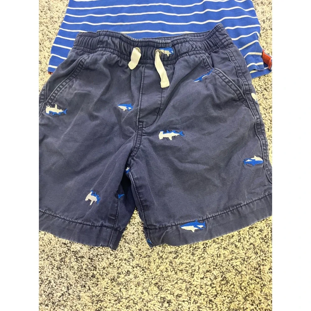 Hanna Andersson Boys Blue White Striped Polo Shark Embroidered Shorts Set Size 5